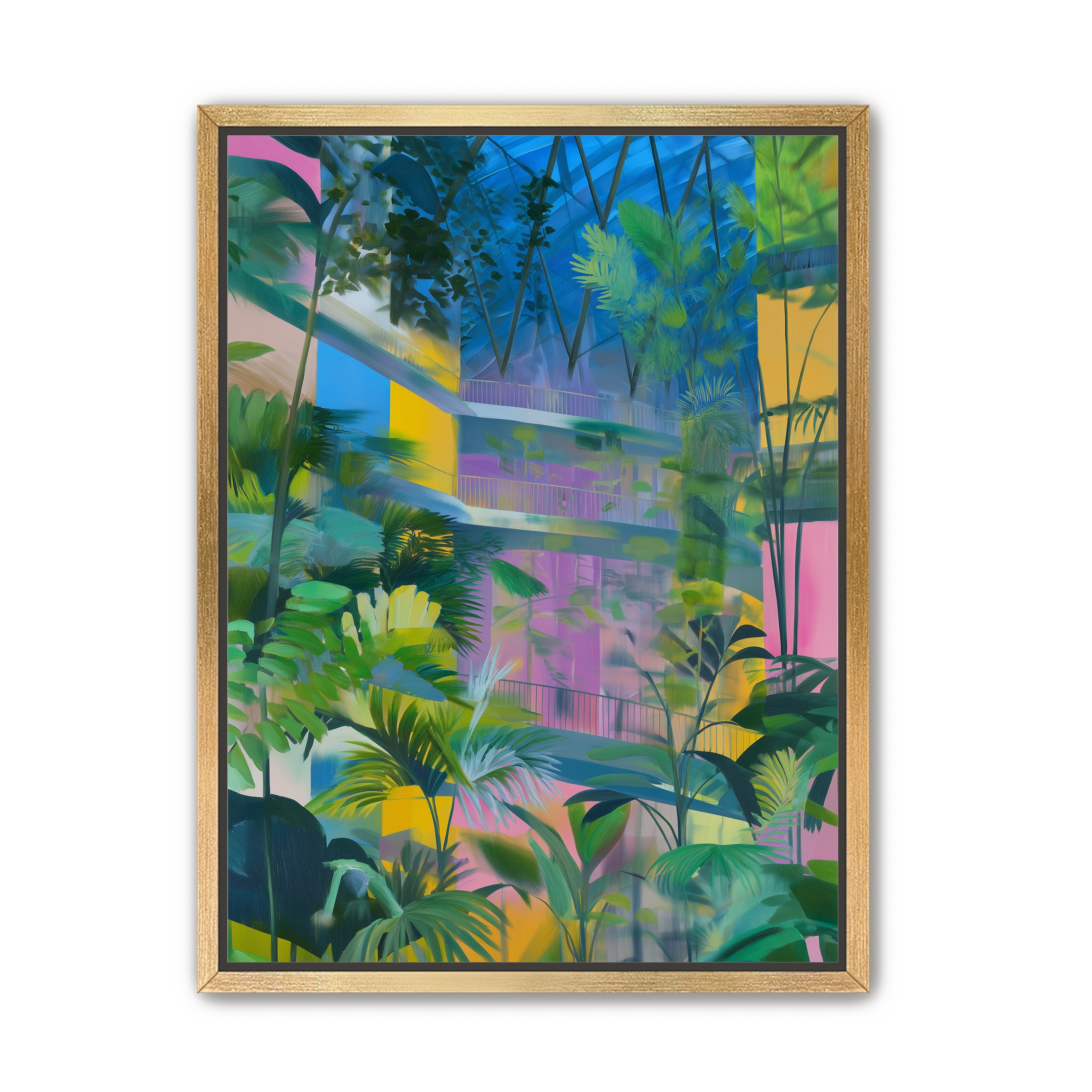 Blue roof over pink atrium