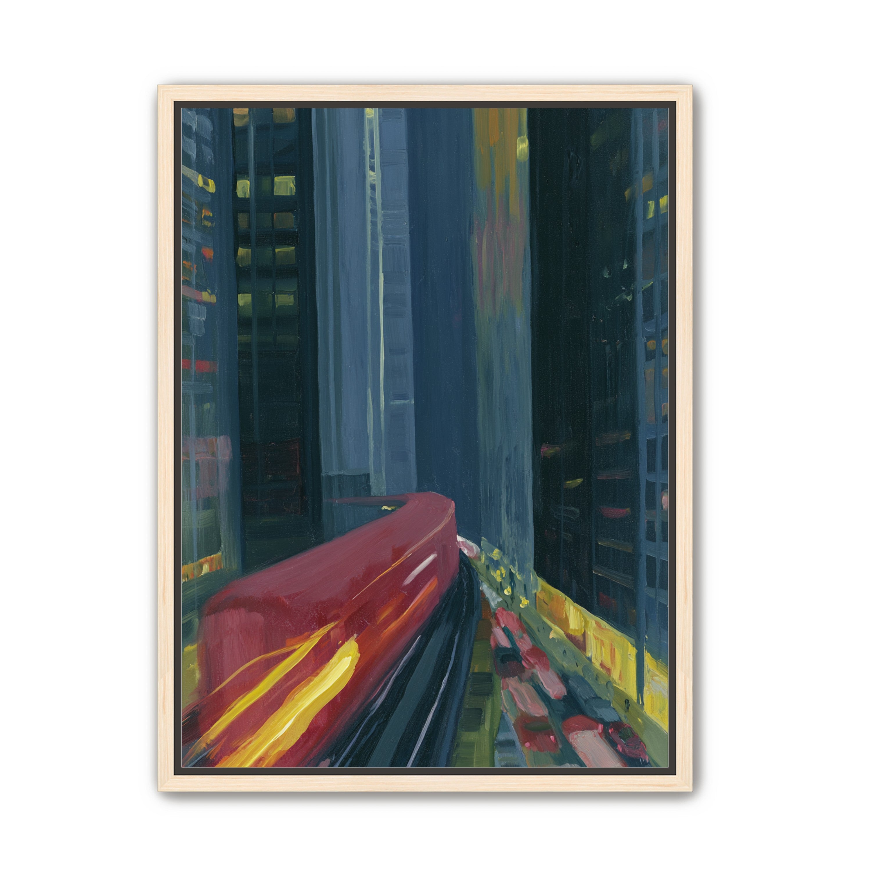 Red train in blue towers