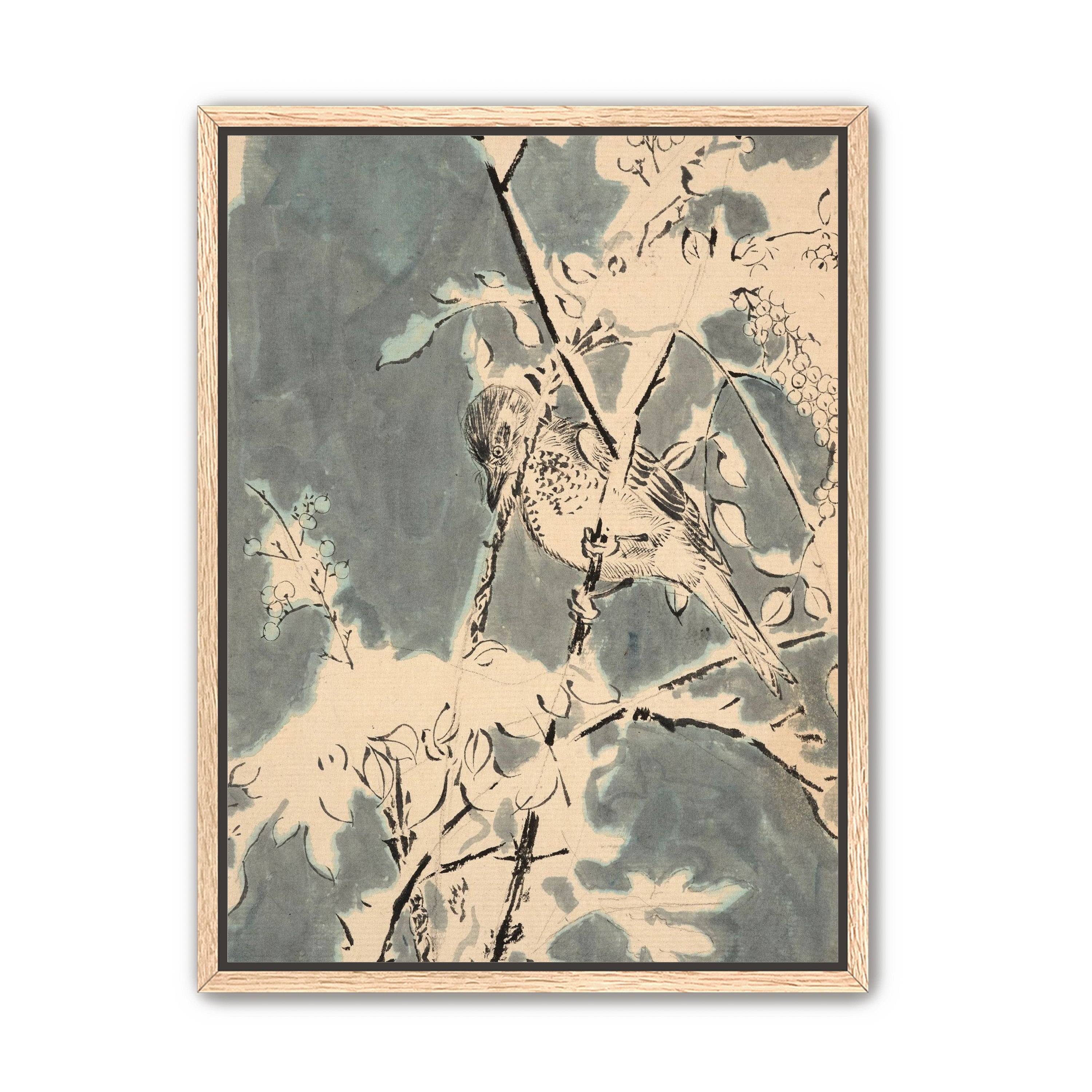 Quiet bird in berry branches