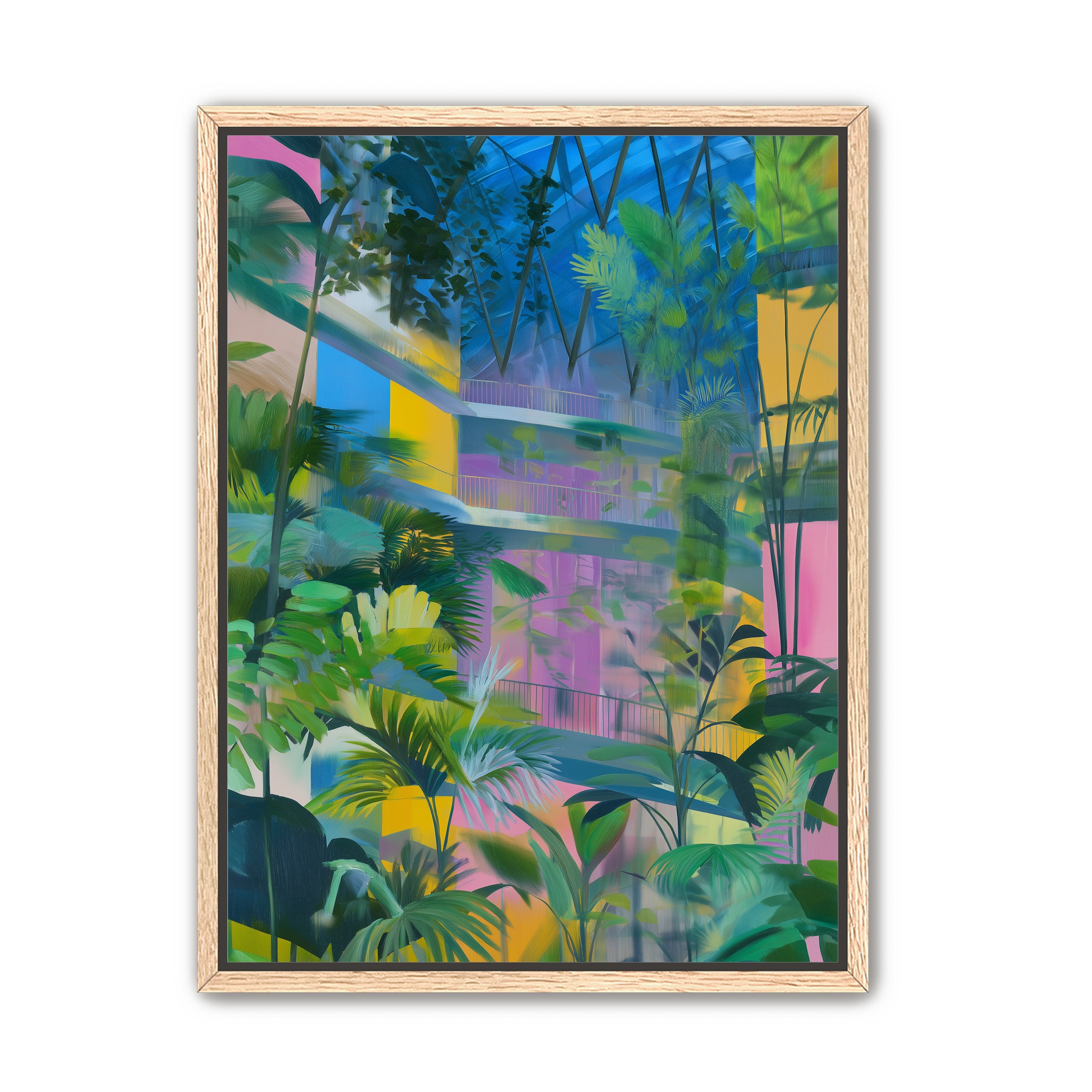 Blue roof over pink atrium