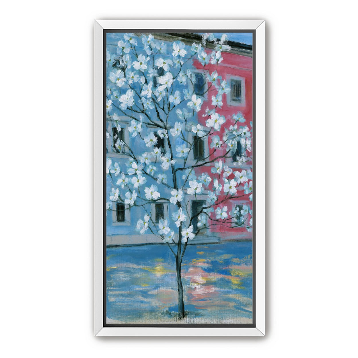 White blossoms across blue and pink