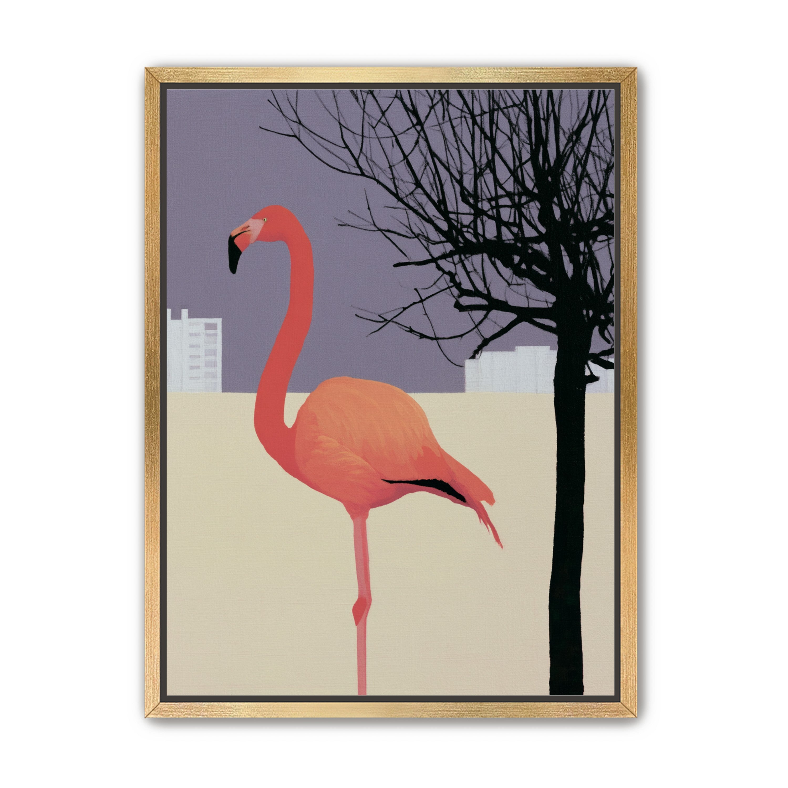 A flamingo beside the bare tree