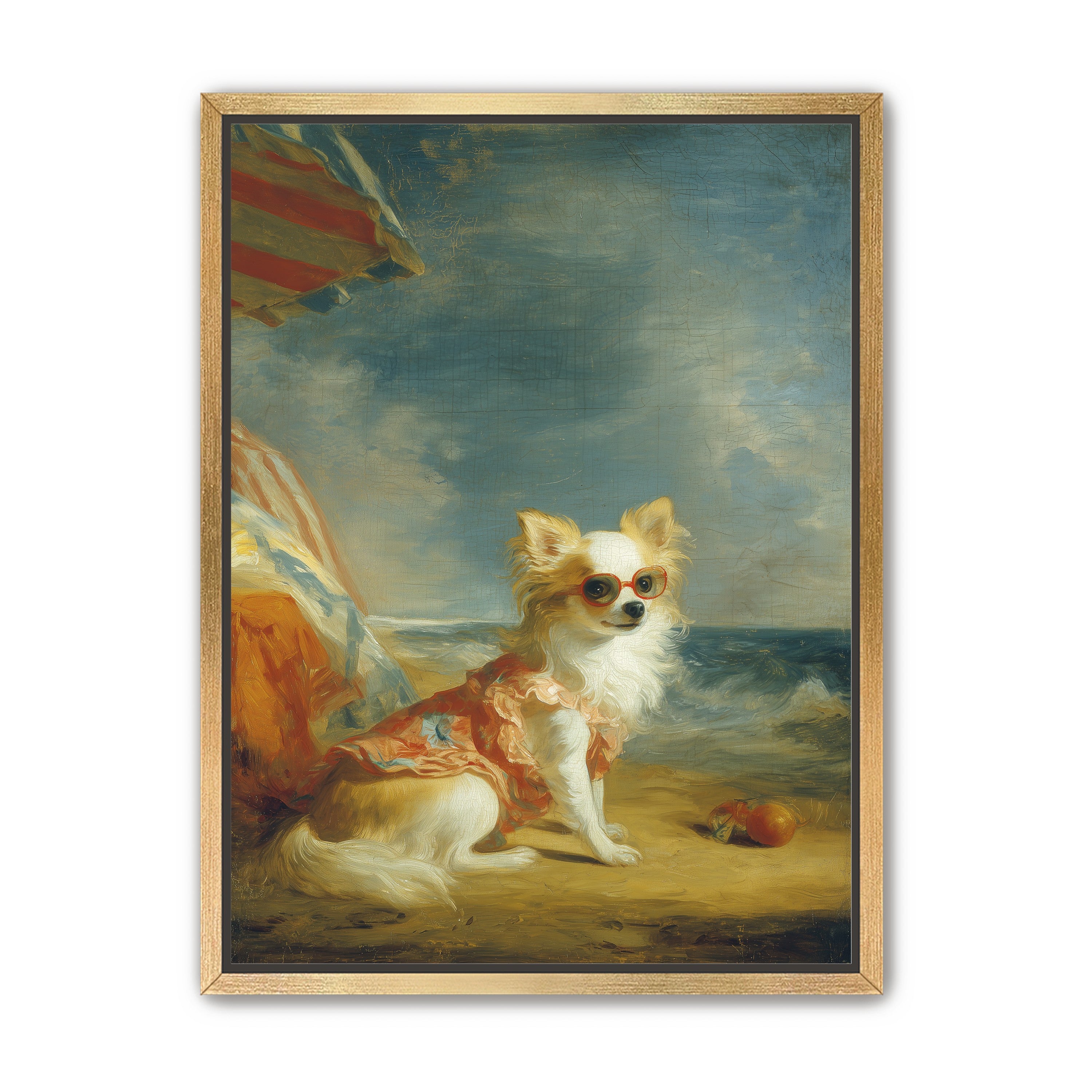 Seaside dog in red sunglasses