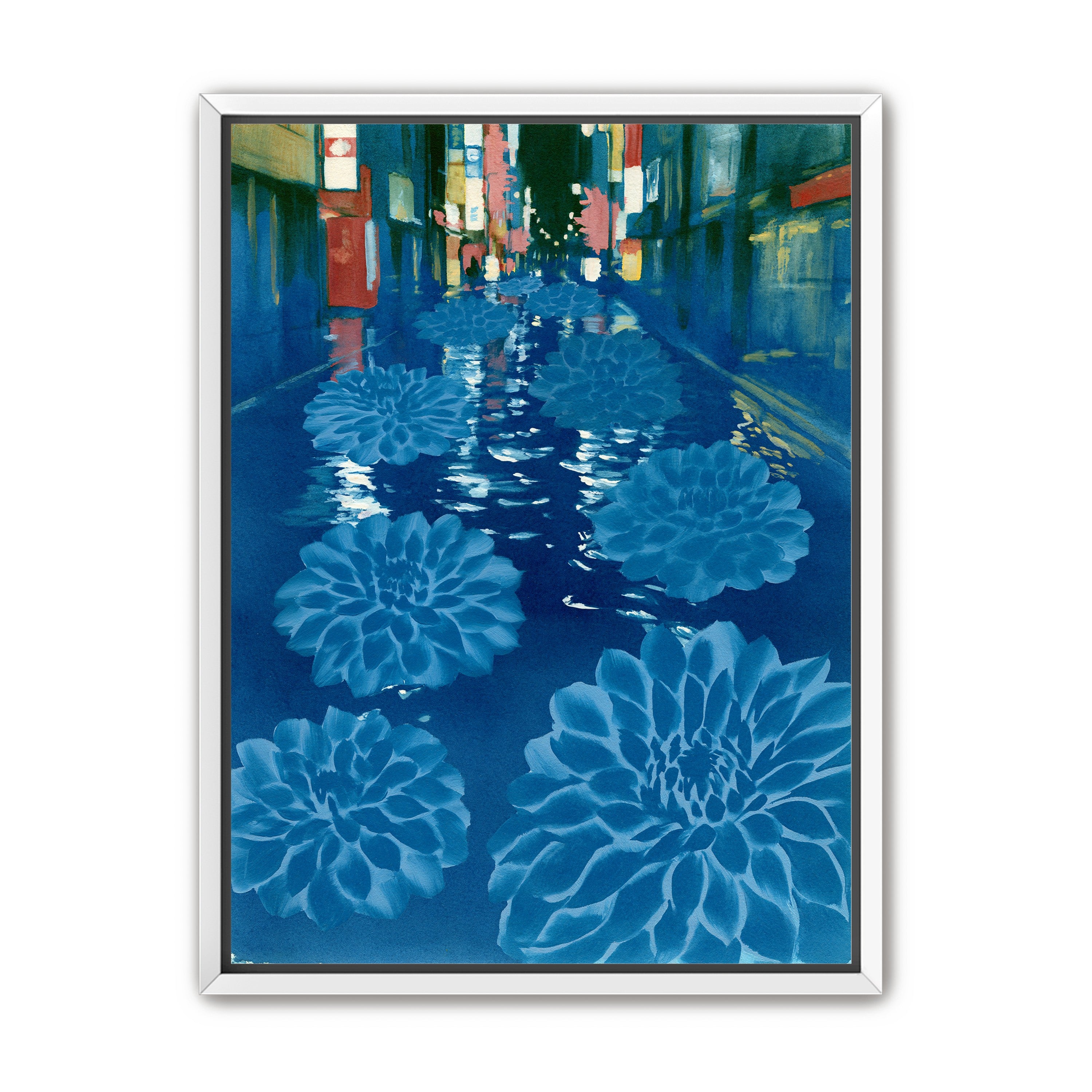 Neon spills into blue floodwater