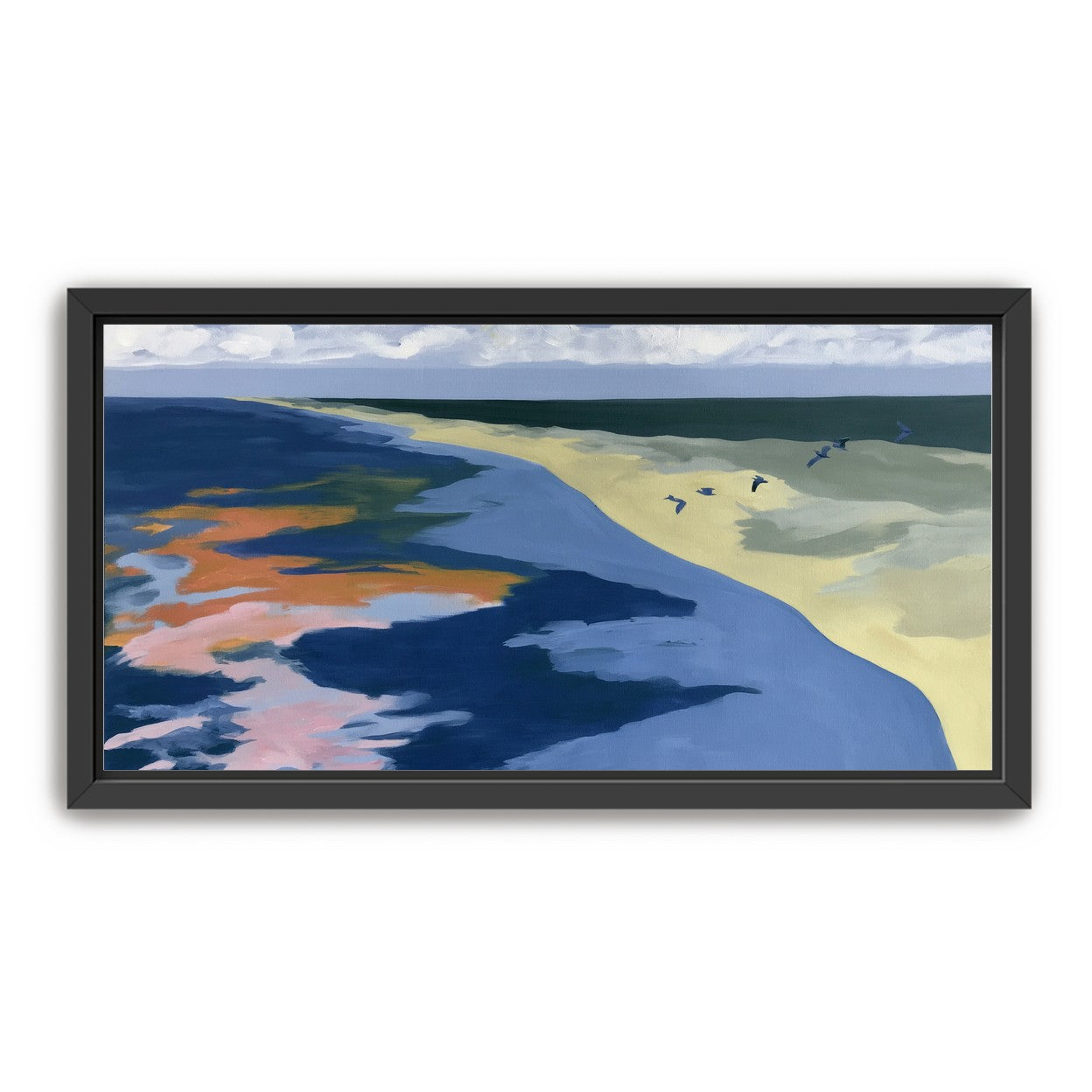 Birds over the pale shore