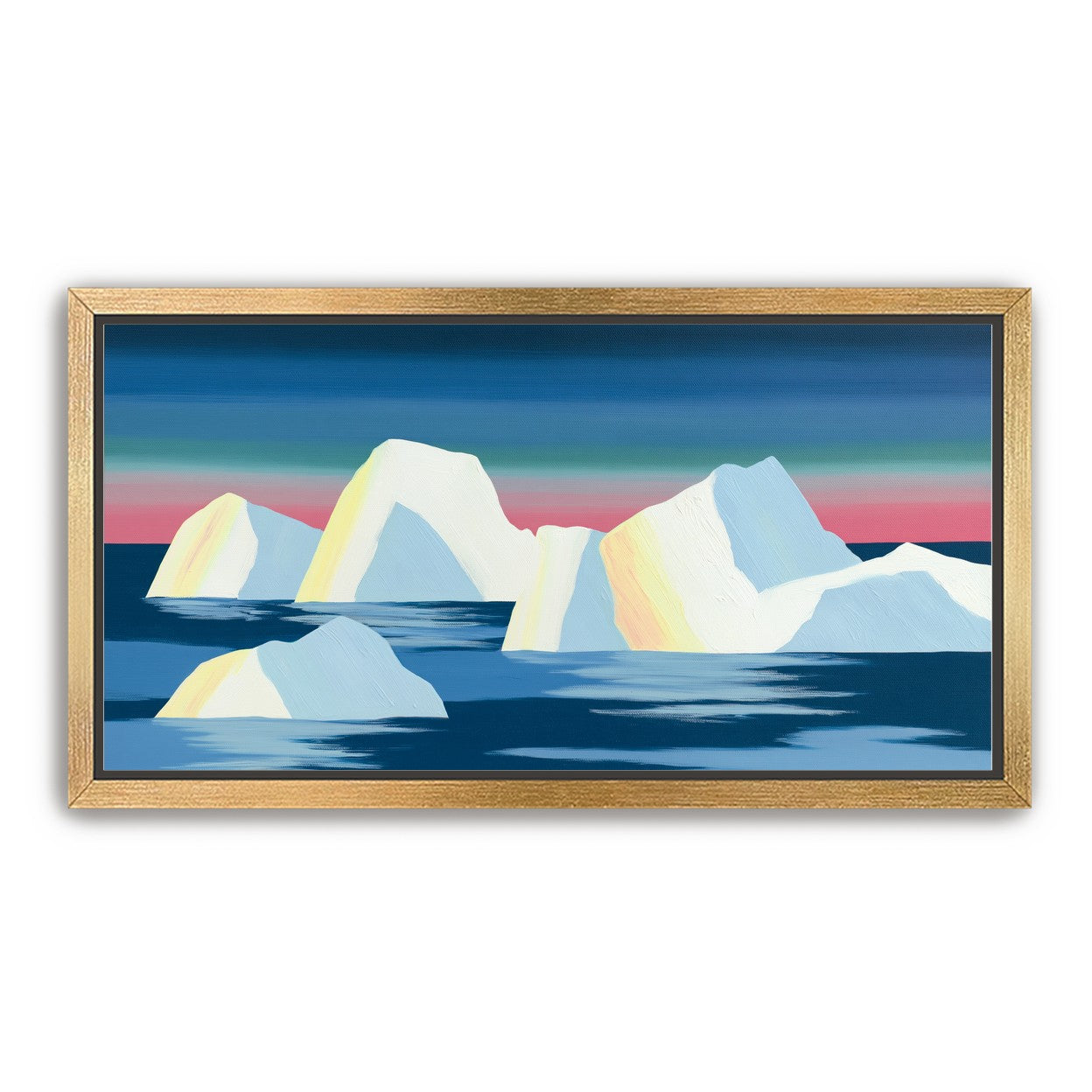 Icebergs under a pink banded sky