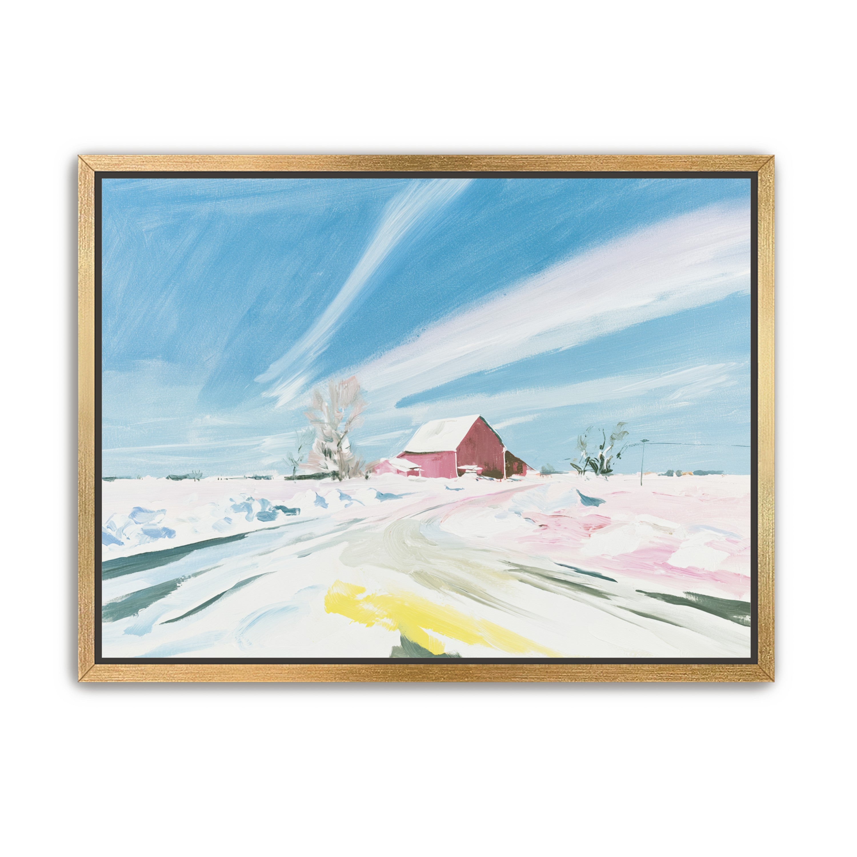 White sky over red barn