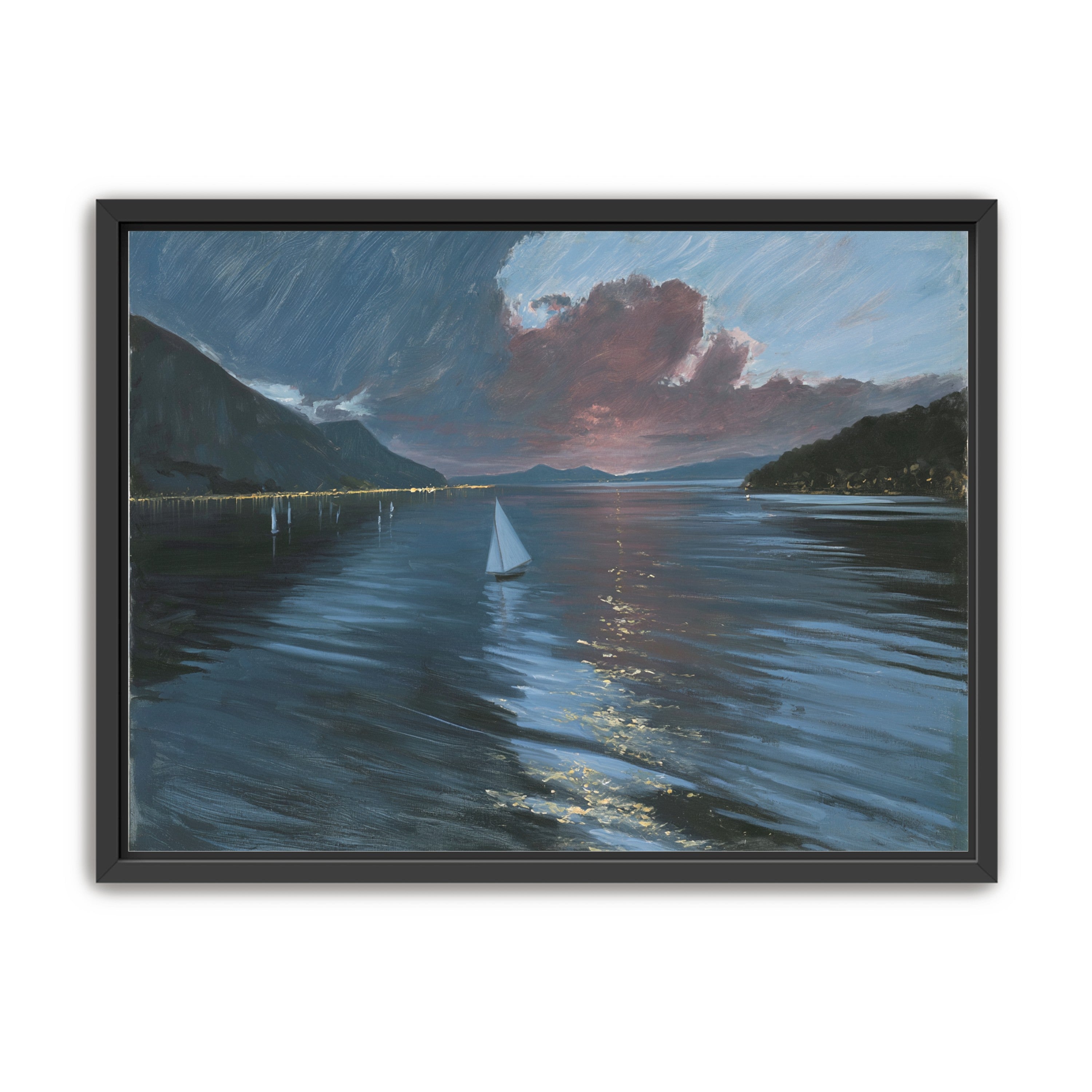 A sailboat beneath storm clouds