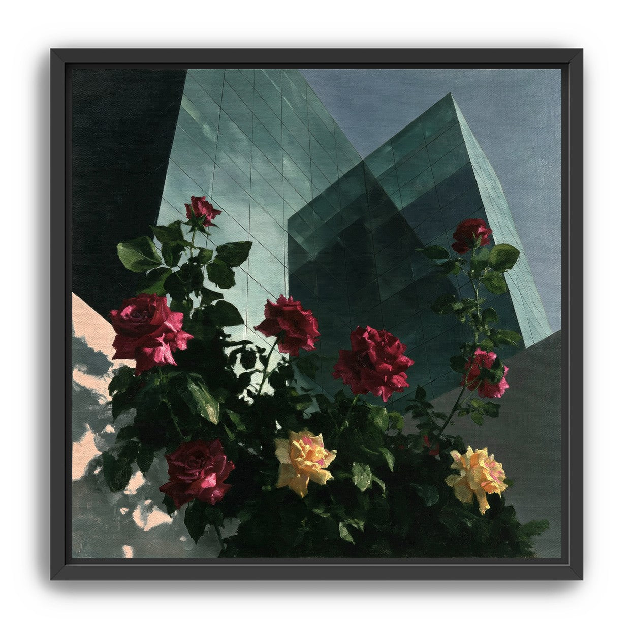 Roses against glass towers