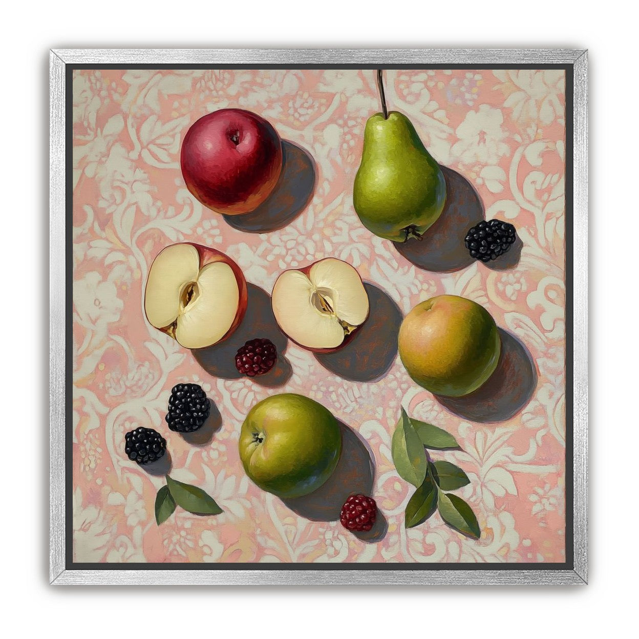 Apples, Pear, and Berries on Floral Fabric