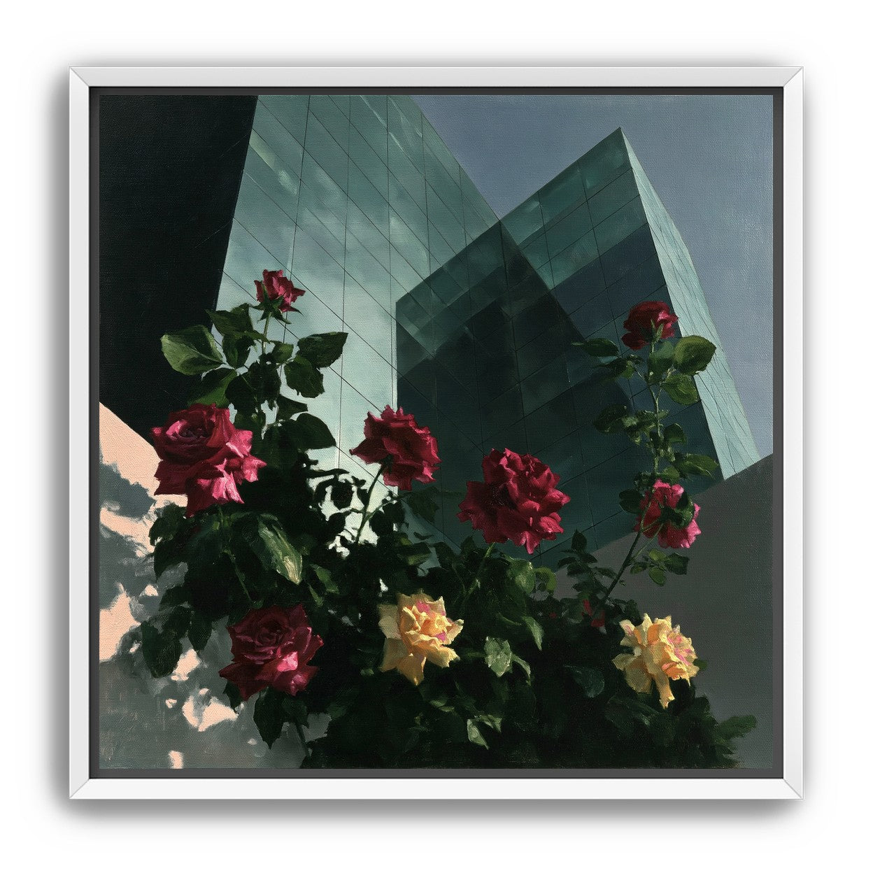Roses against glass towers