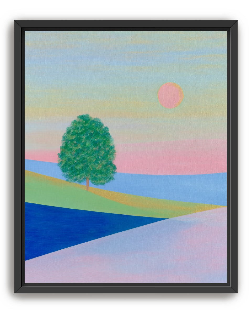 Pink sun over striped hills