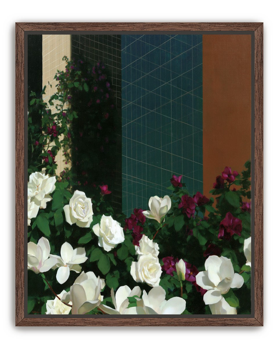 Roses against the blue grid