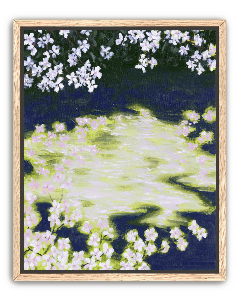 Petals crossing the bright water