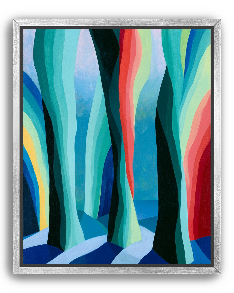 Between red trunks and blue shadows