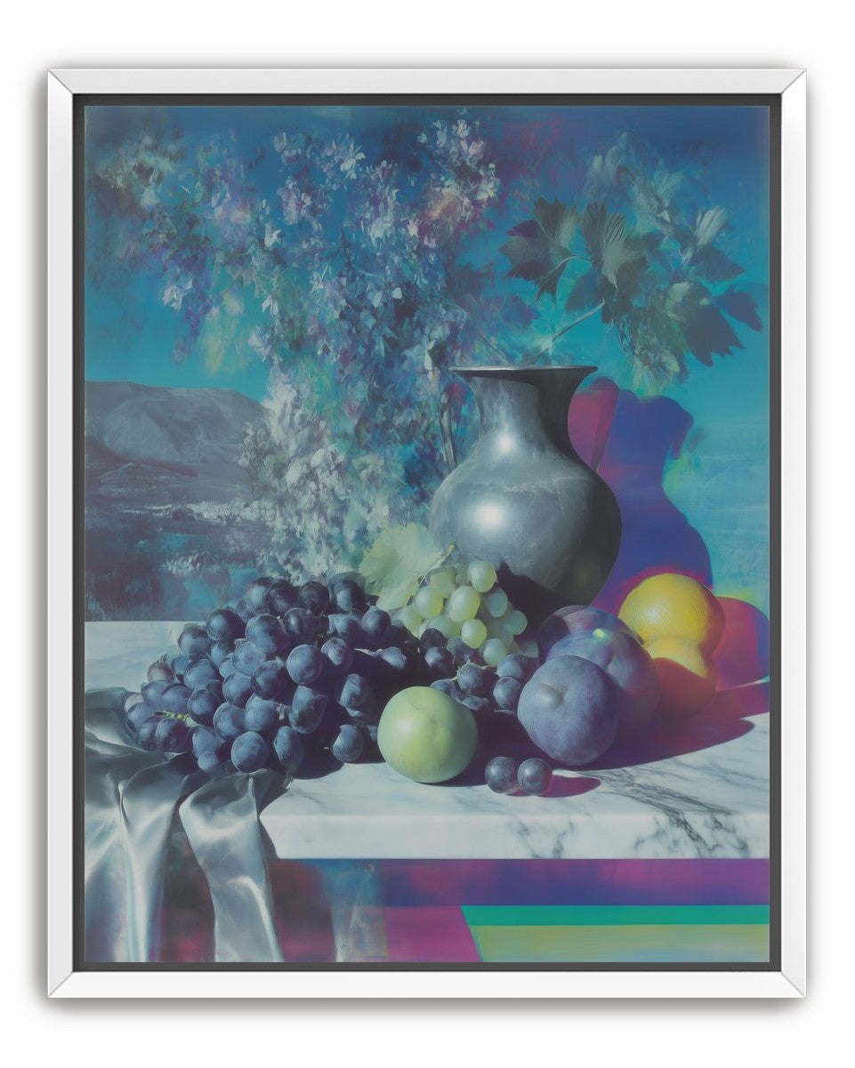 Vase and fruit in blue haze