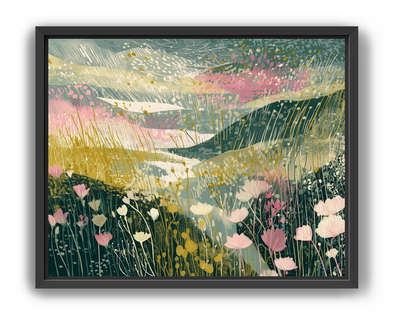 Wildflowers across layered hills