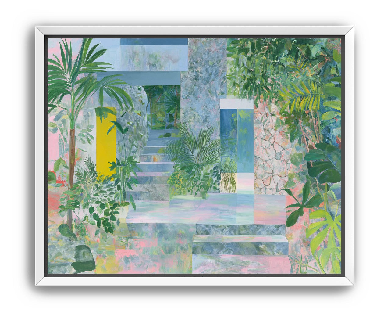 Pastel stairs between yellow and blue doors