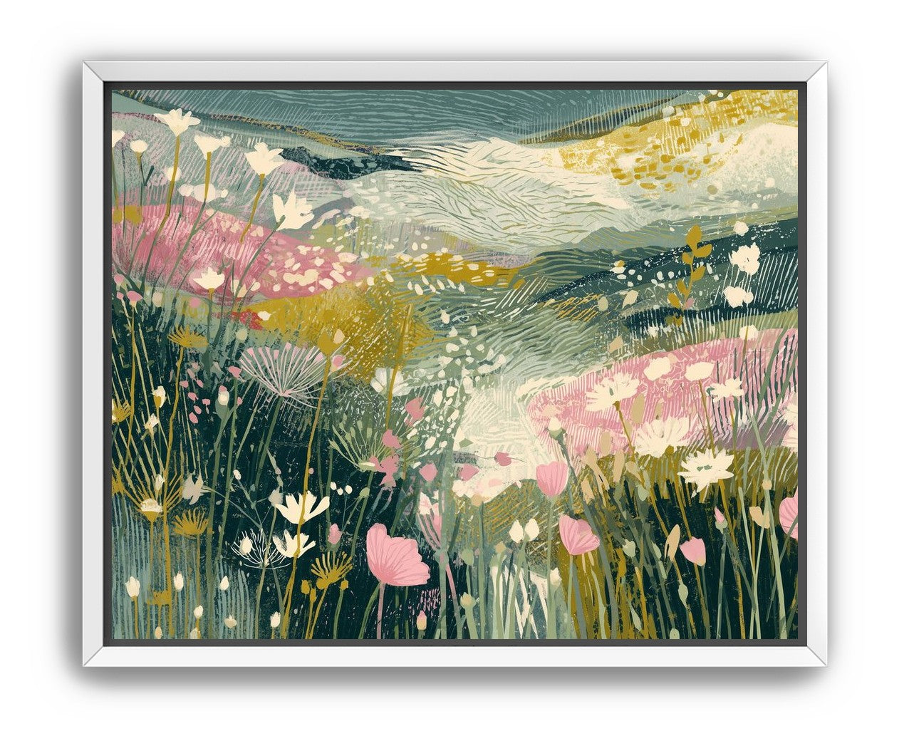 Teal sky over pink meadow