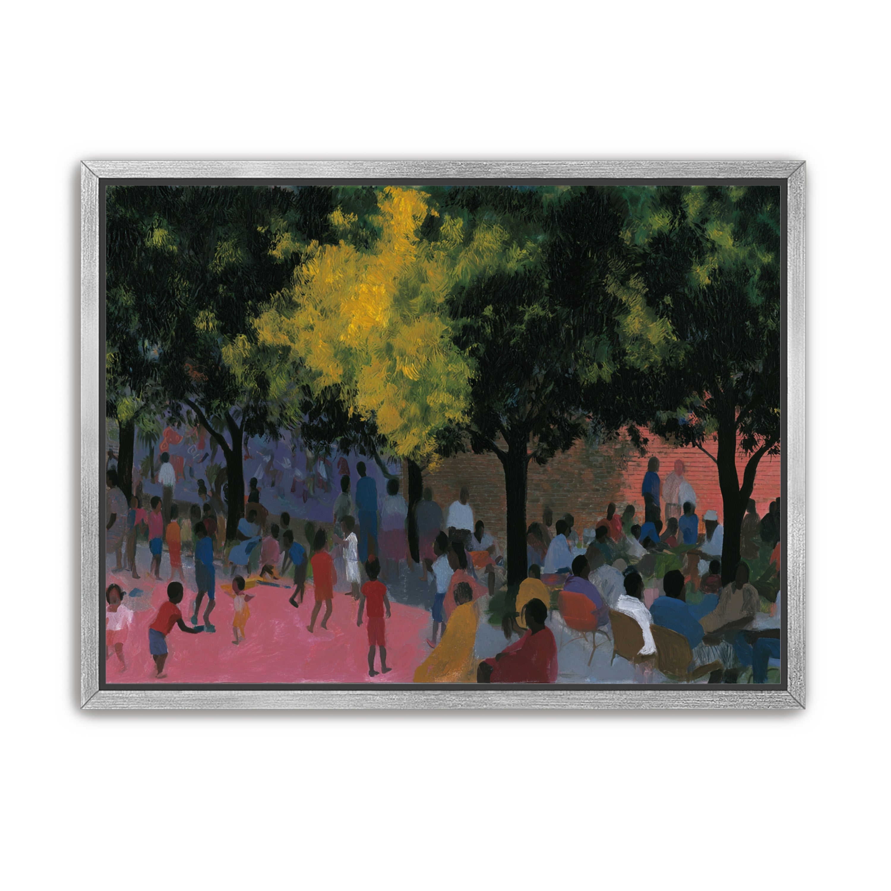 Children playing under trees