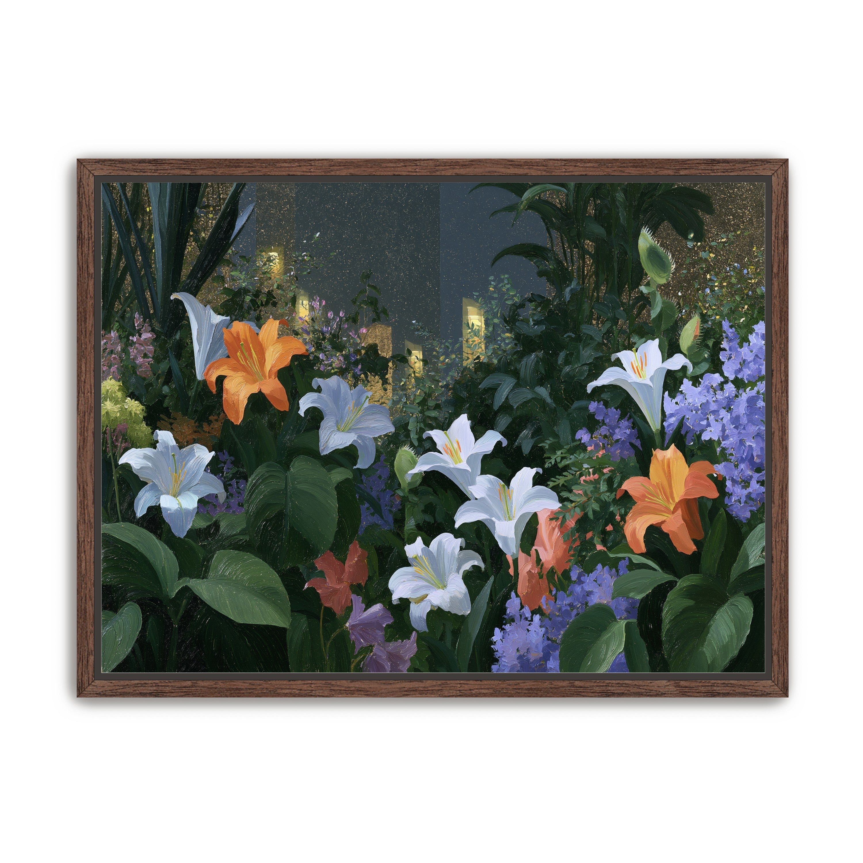 Lit windows beyond the lilies