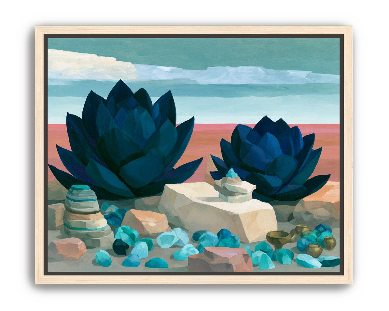 Deep blue blooms on coral ground