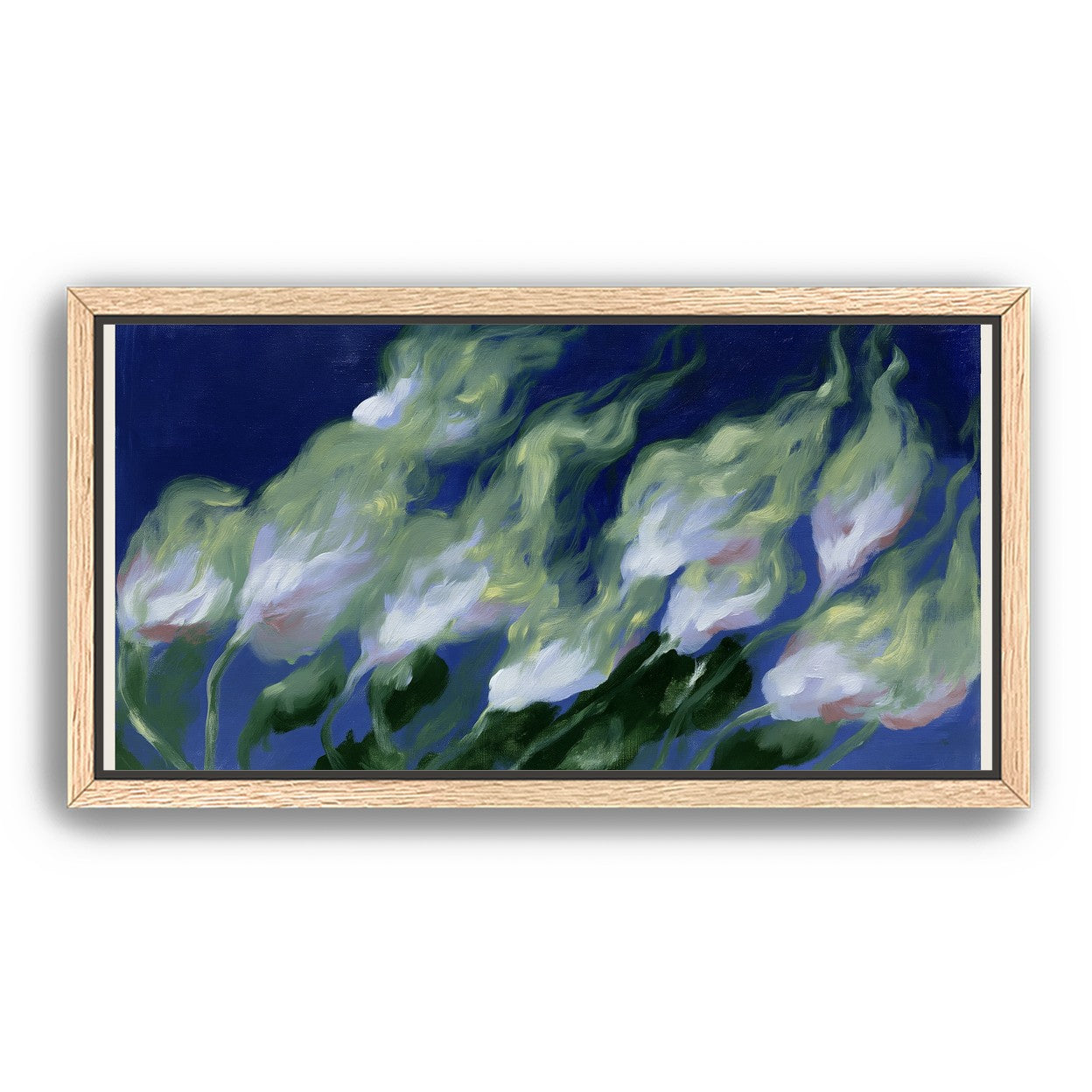 Pale flowers across blue field
