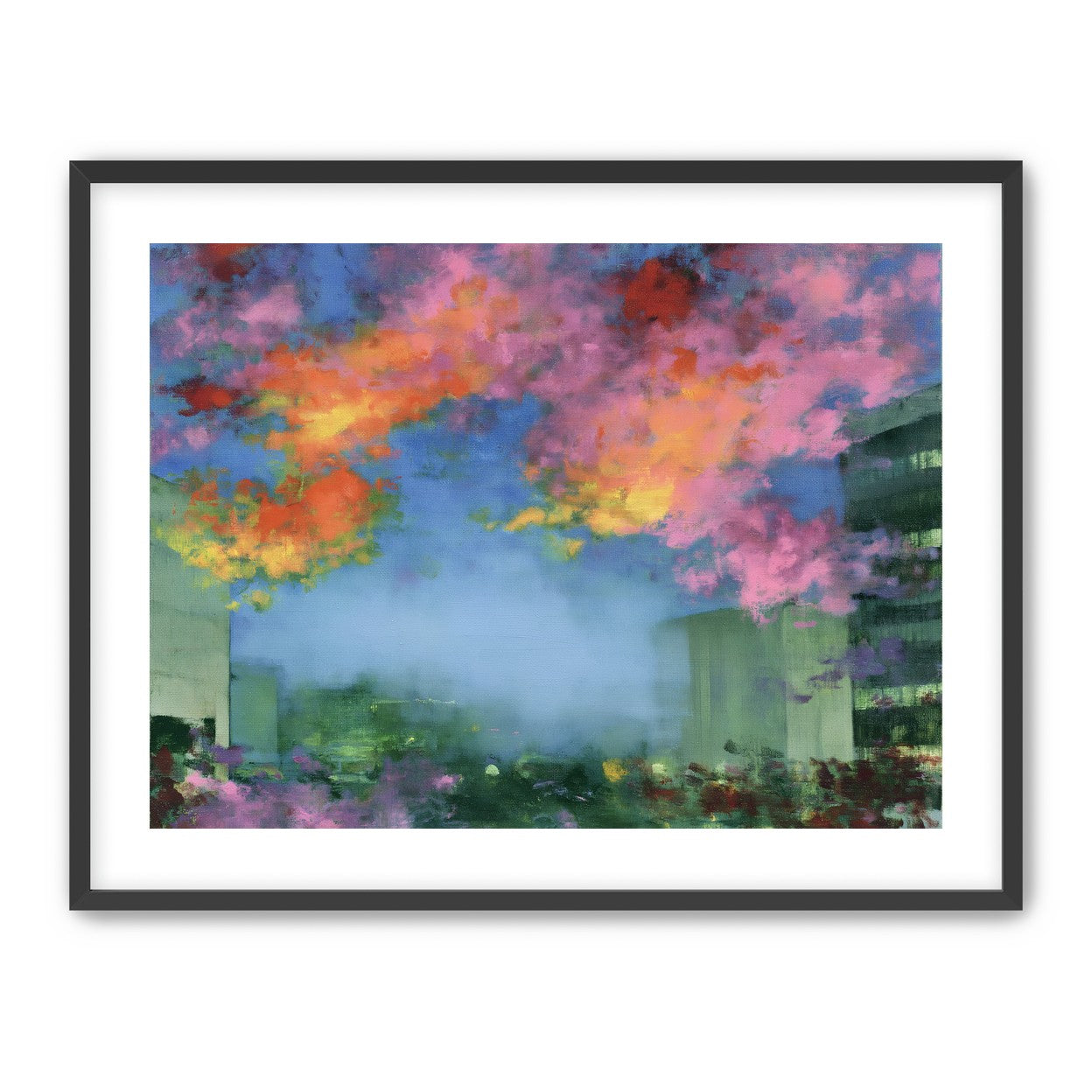 Neon clouds over rooftops