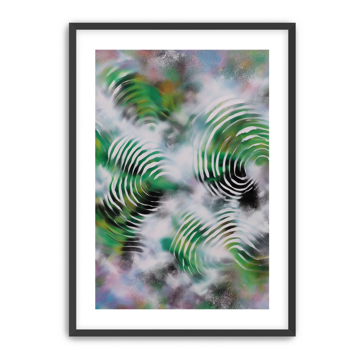 White haze over green spirals