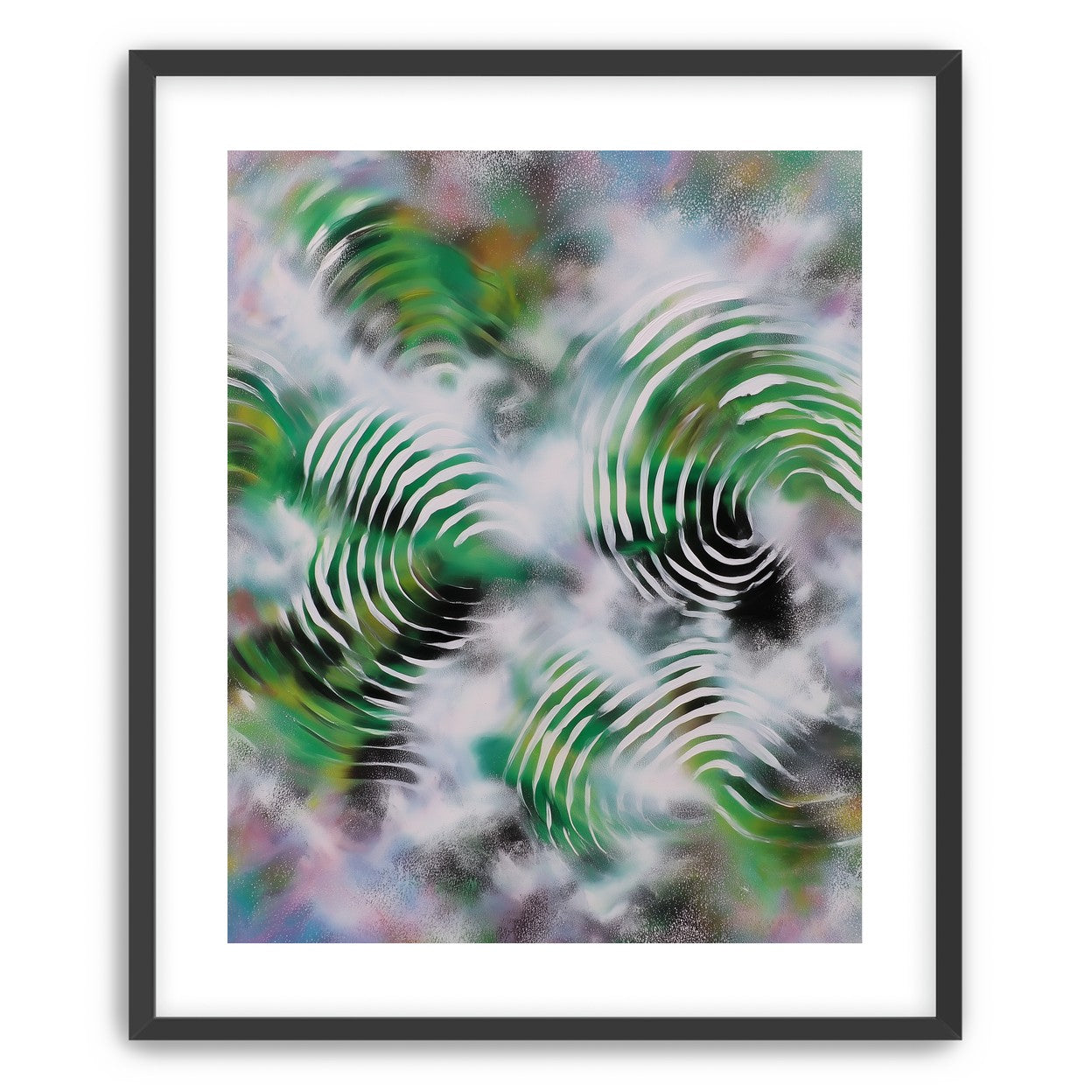 White haze over green spirals