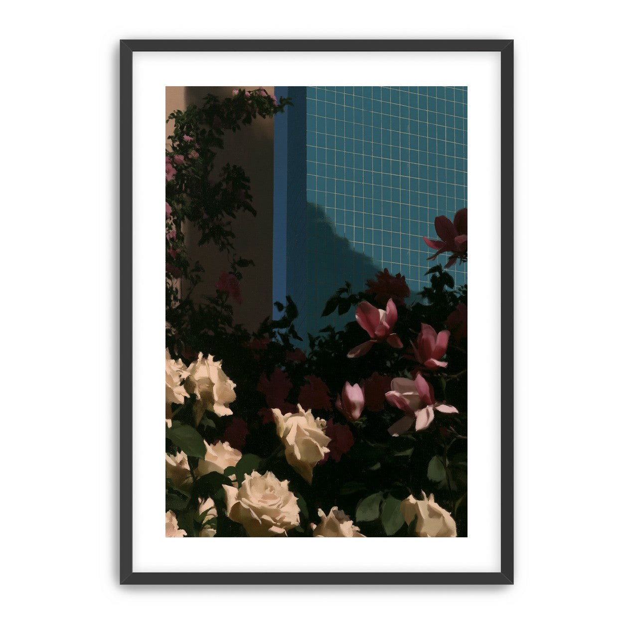 Flowers beneath the tiled wall