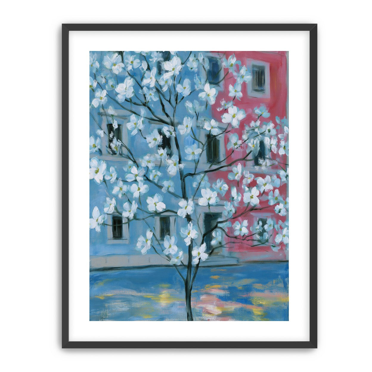 White blossoms across blue and pink