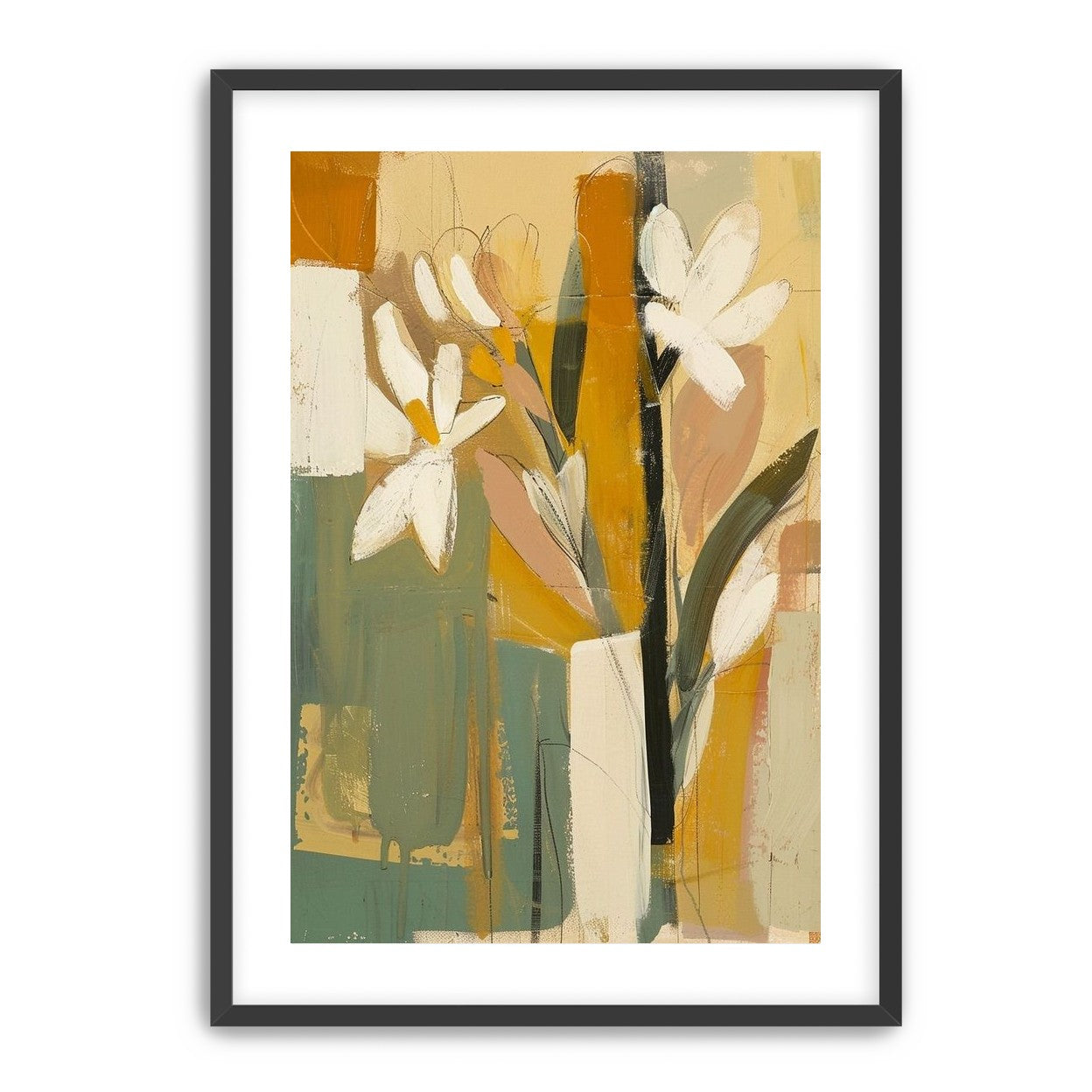 White flowers in ochre blocks