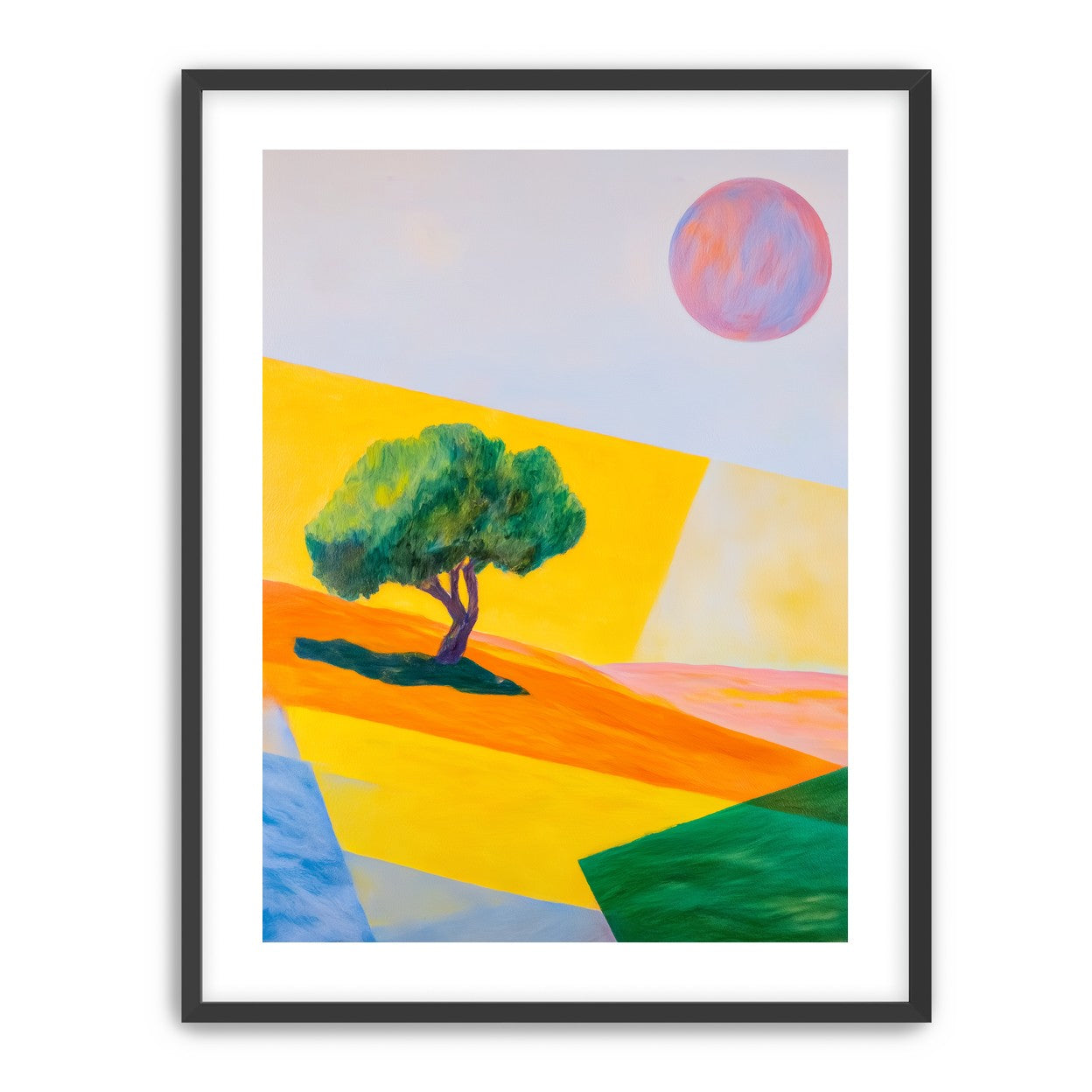 Pink sun over yellow hills