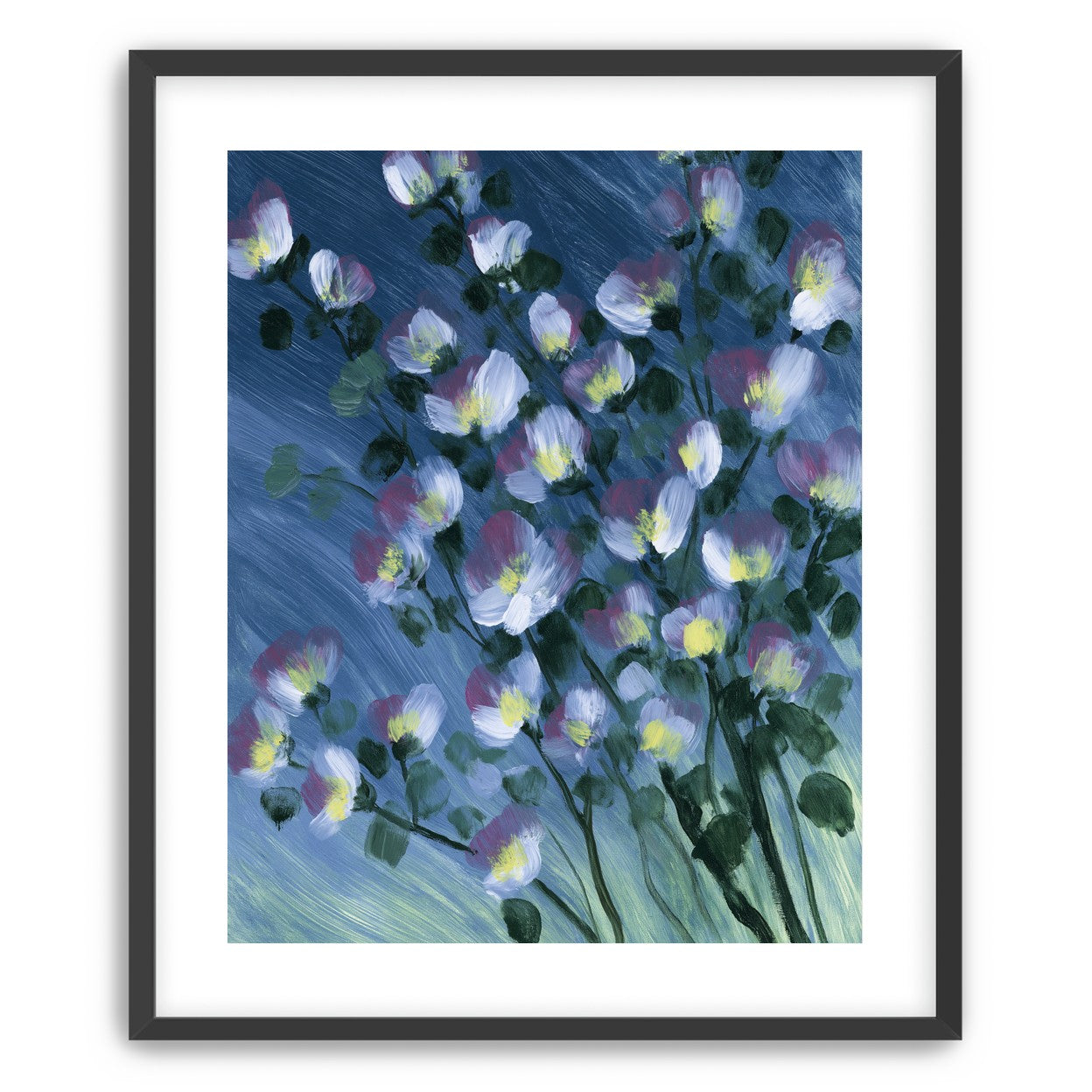 White blossoms on blue field