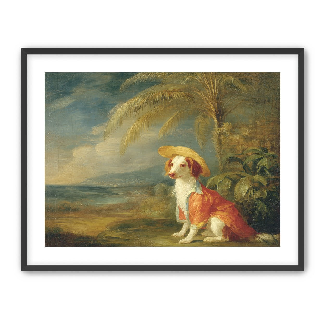 A hatted dog by the sea