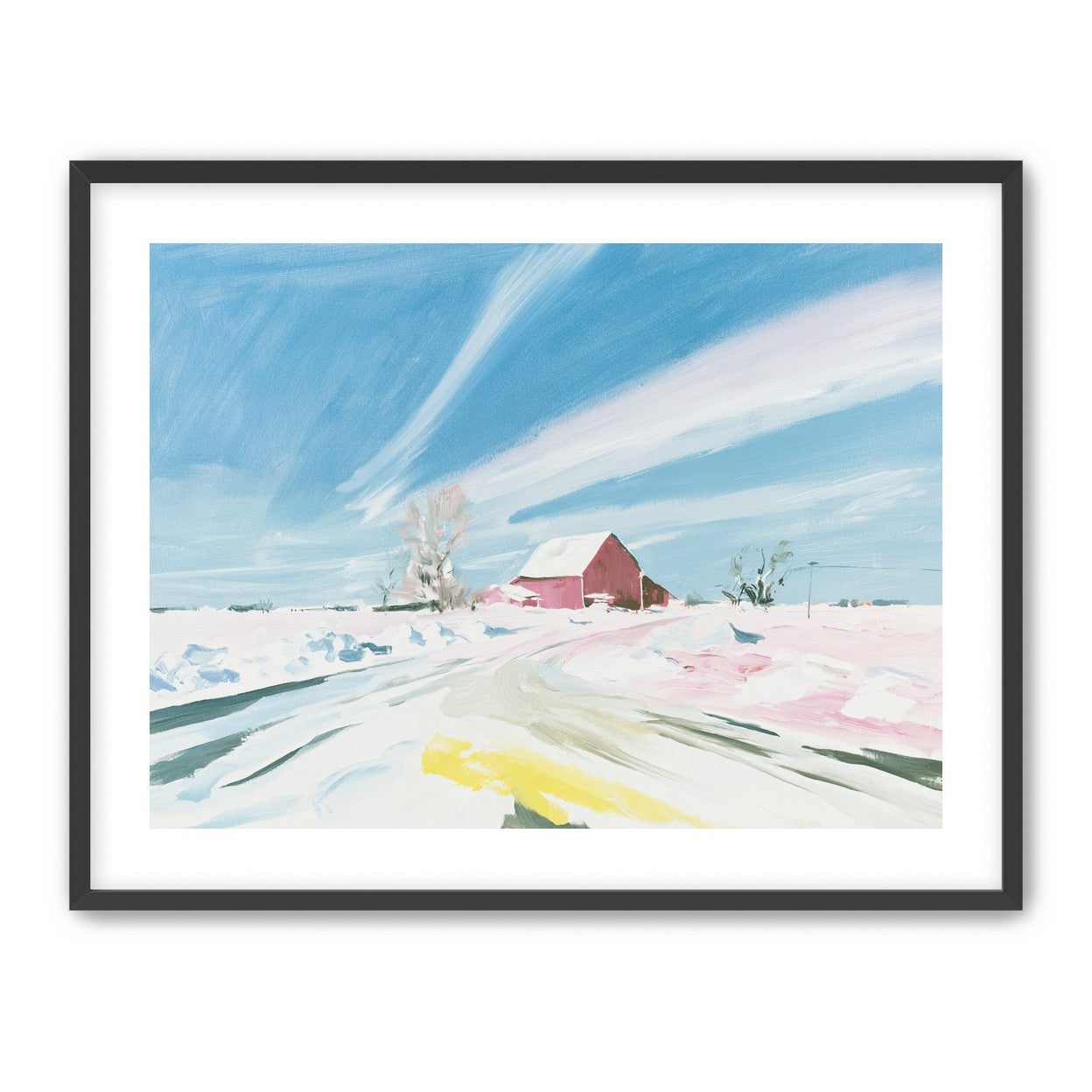 White sky over red barn