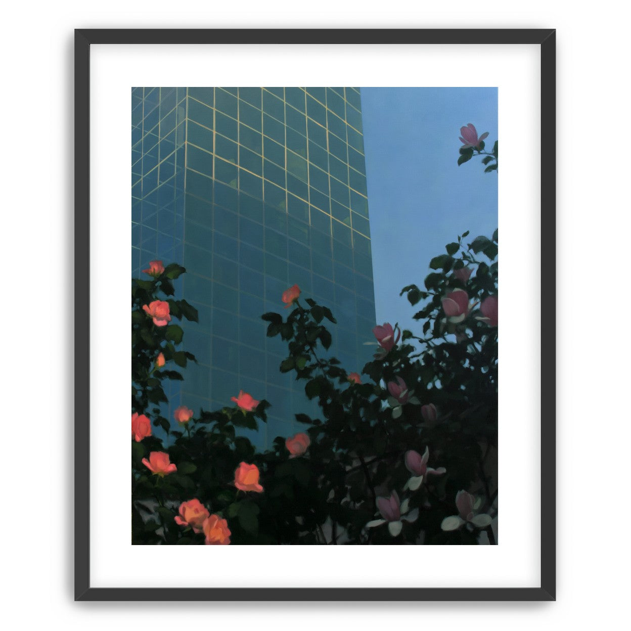 Roses beneath blue towers