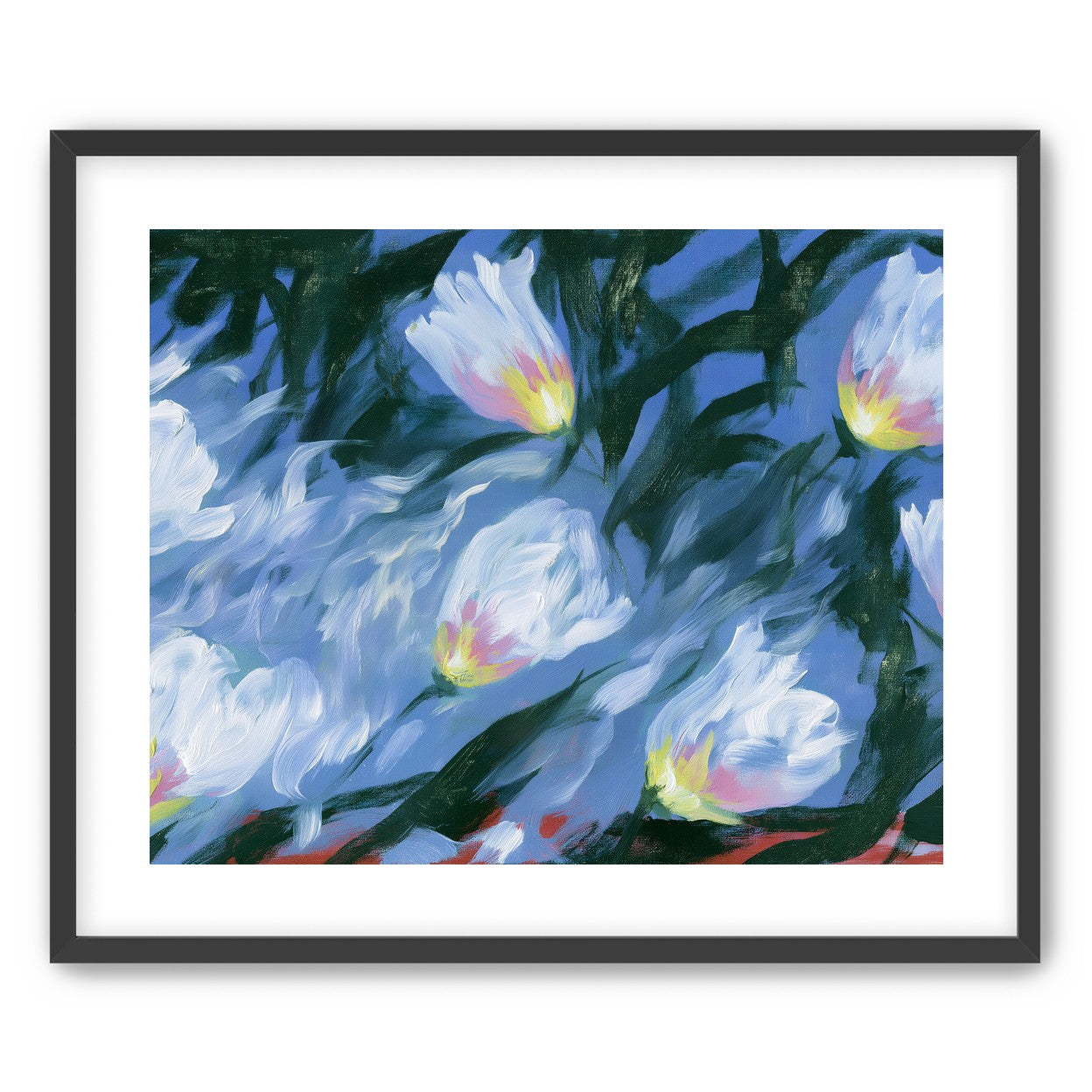 White tulips on blue ground