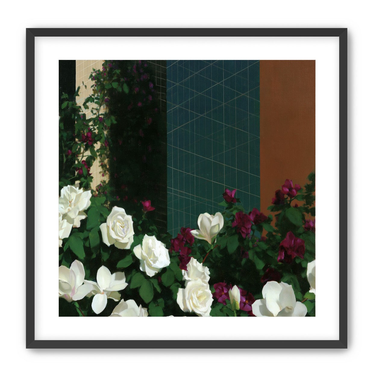 Roses against the blue grid