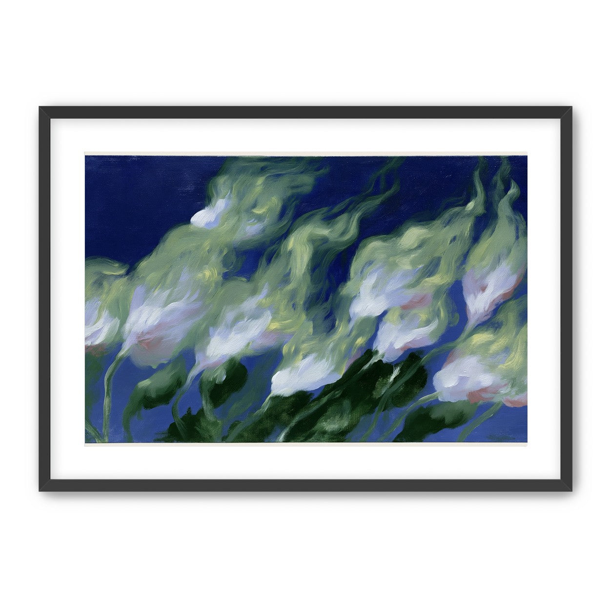 Pale flowers across blue field