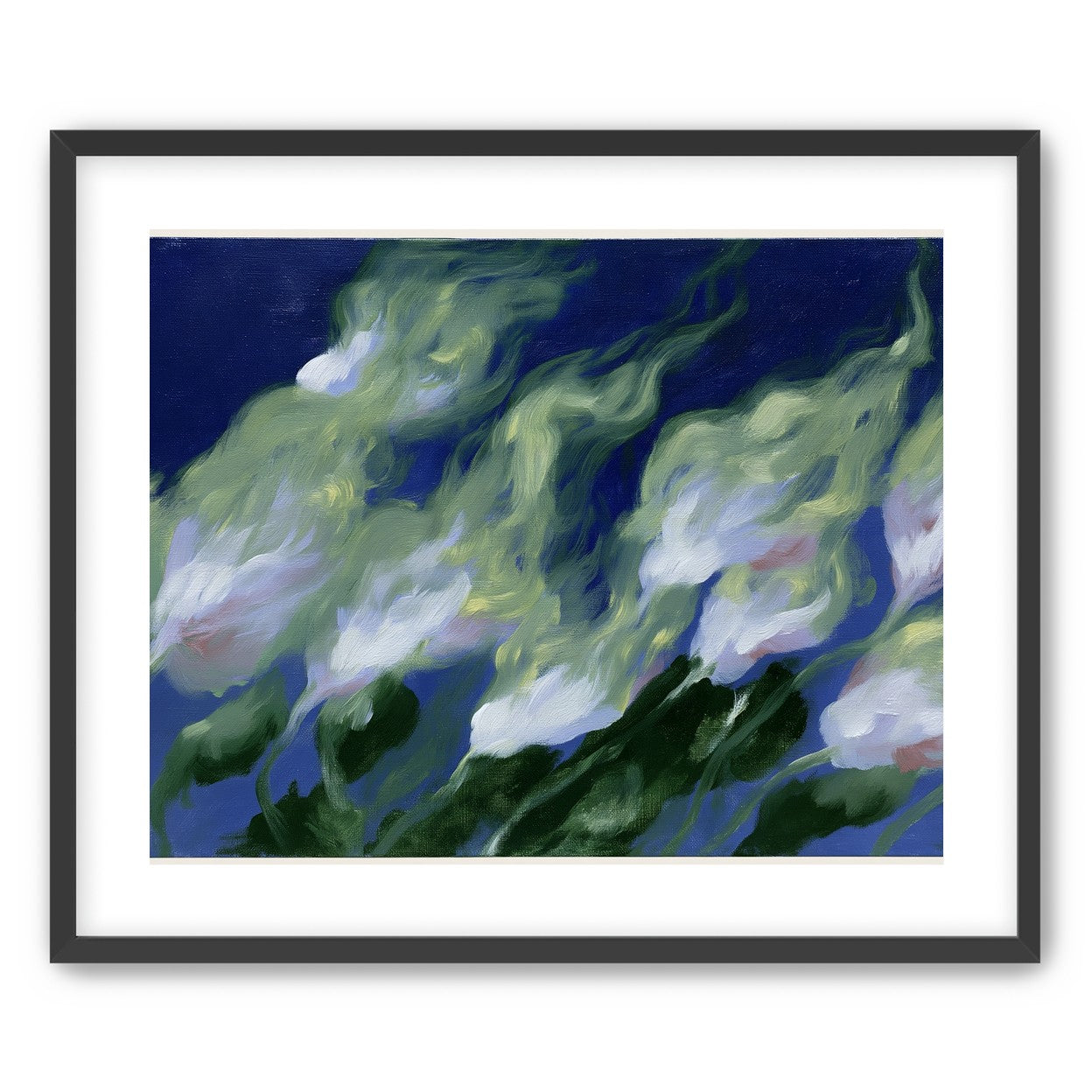 Pale flowers across blue field