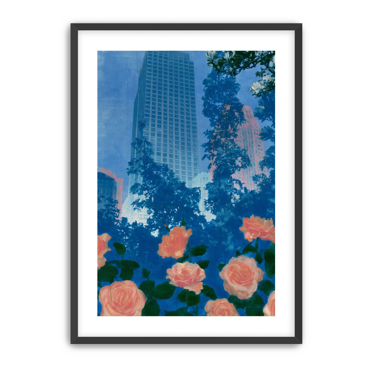 Pink roses below skyscrapers