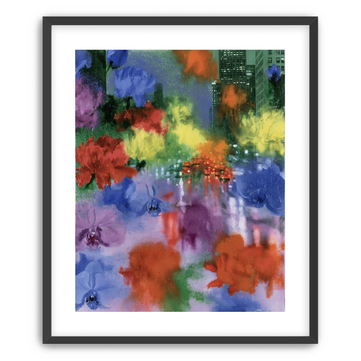 Neon traffic under painted blooms