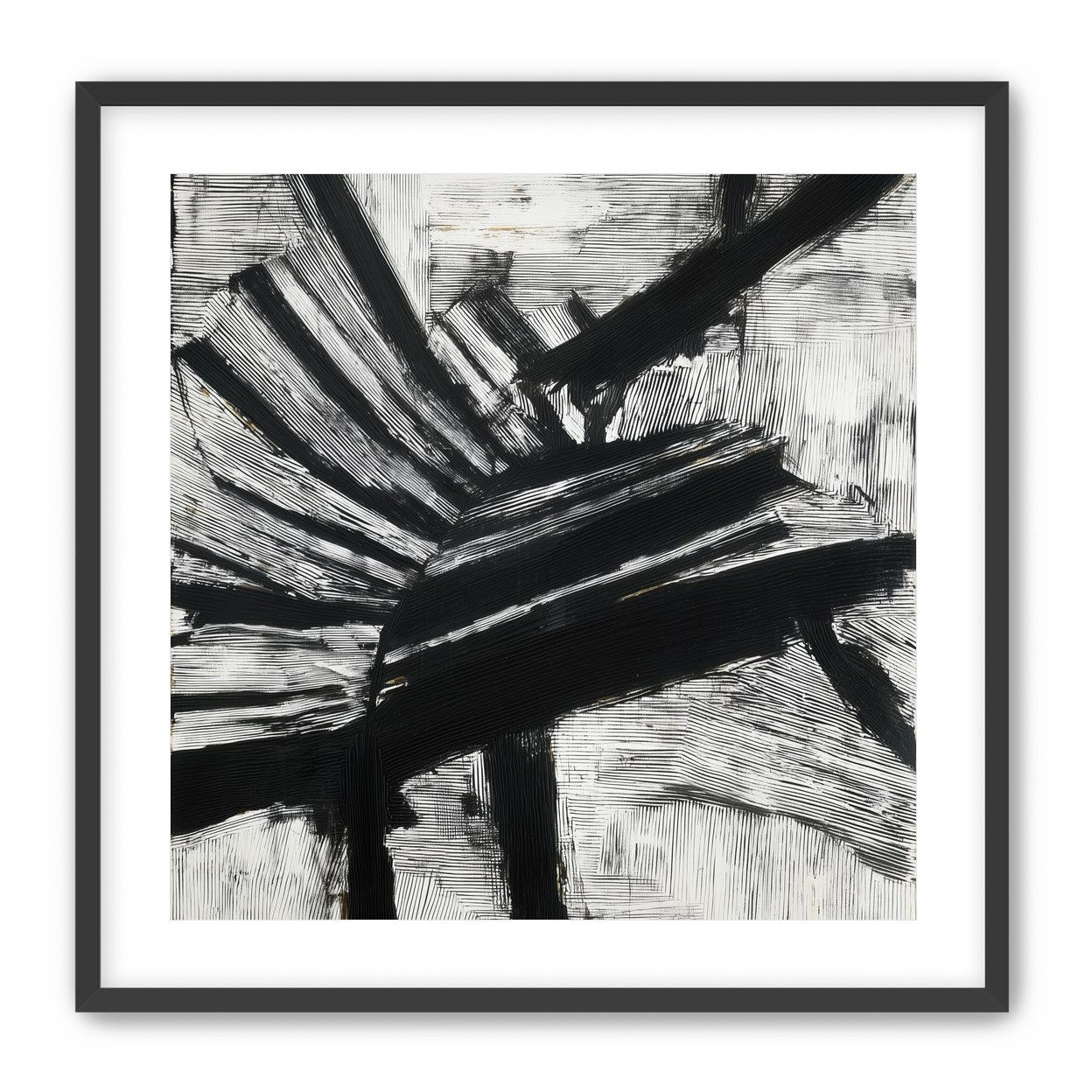 Non-Representational: Thick black brushstrokes cross and stack over a white surface filled with fine scratched lines.