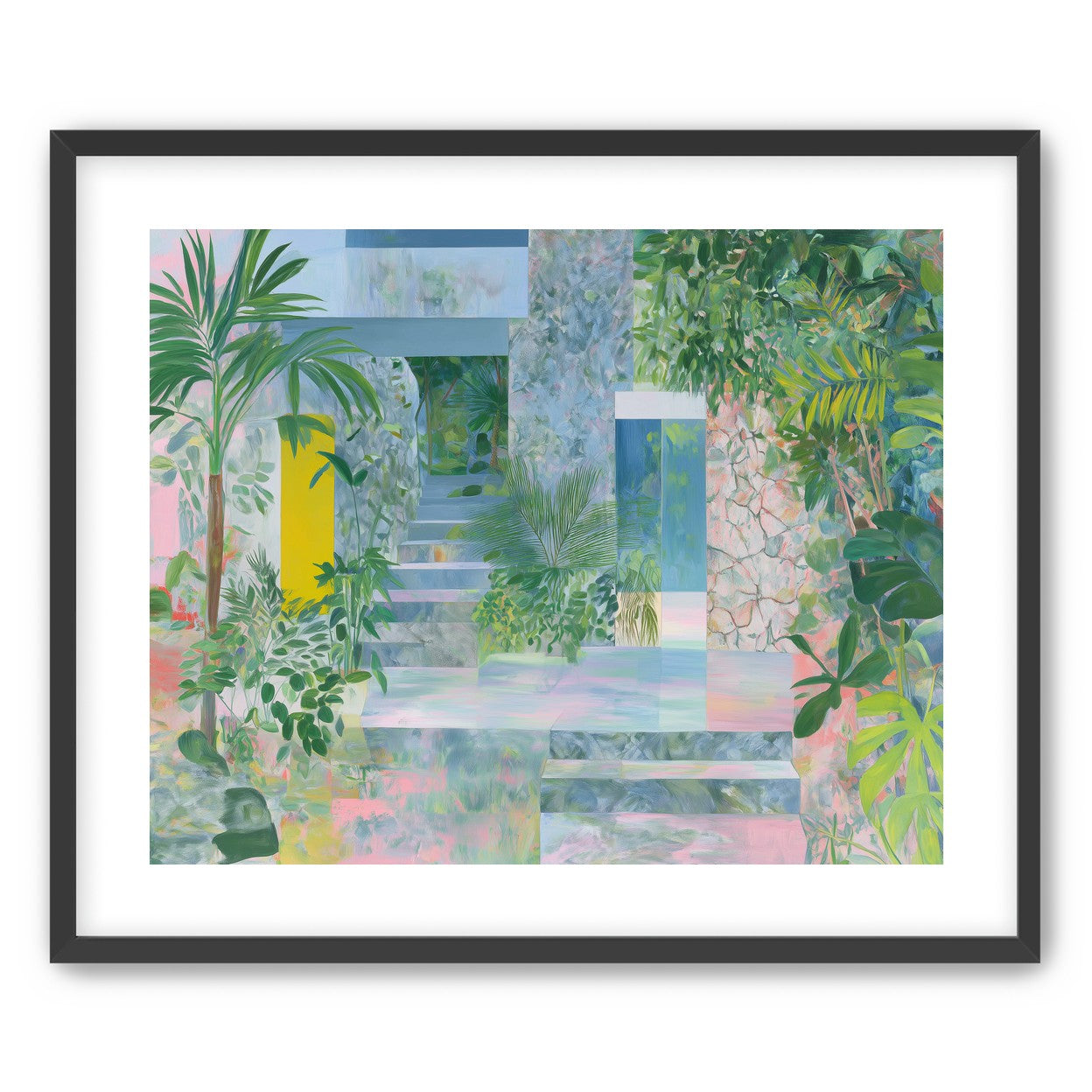 Pastel stairs between yellow and blue doors