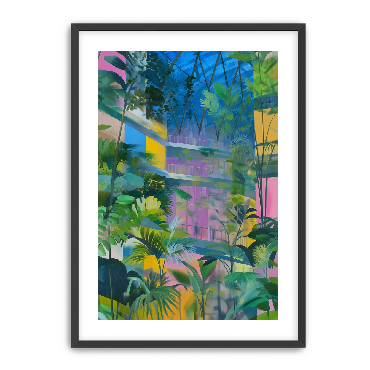 Blue roof over pink atrium