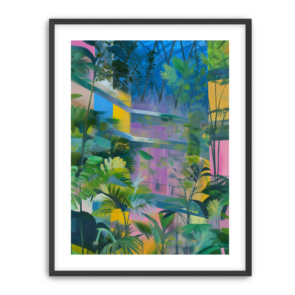 Blue roof over pink atrium