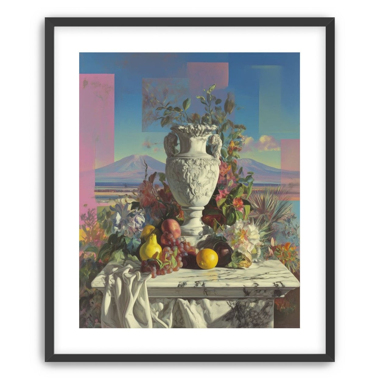 Urn and fruit before mountains