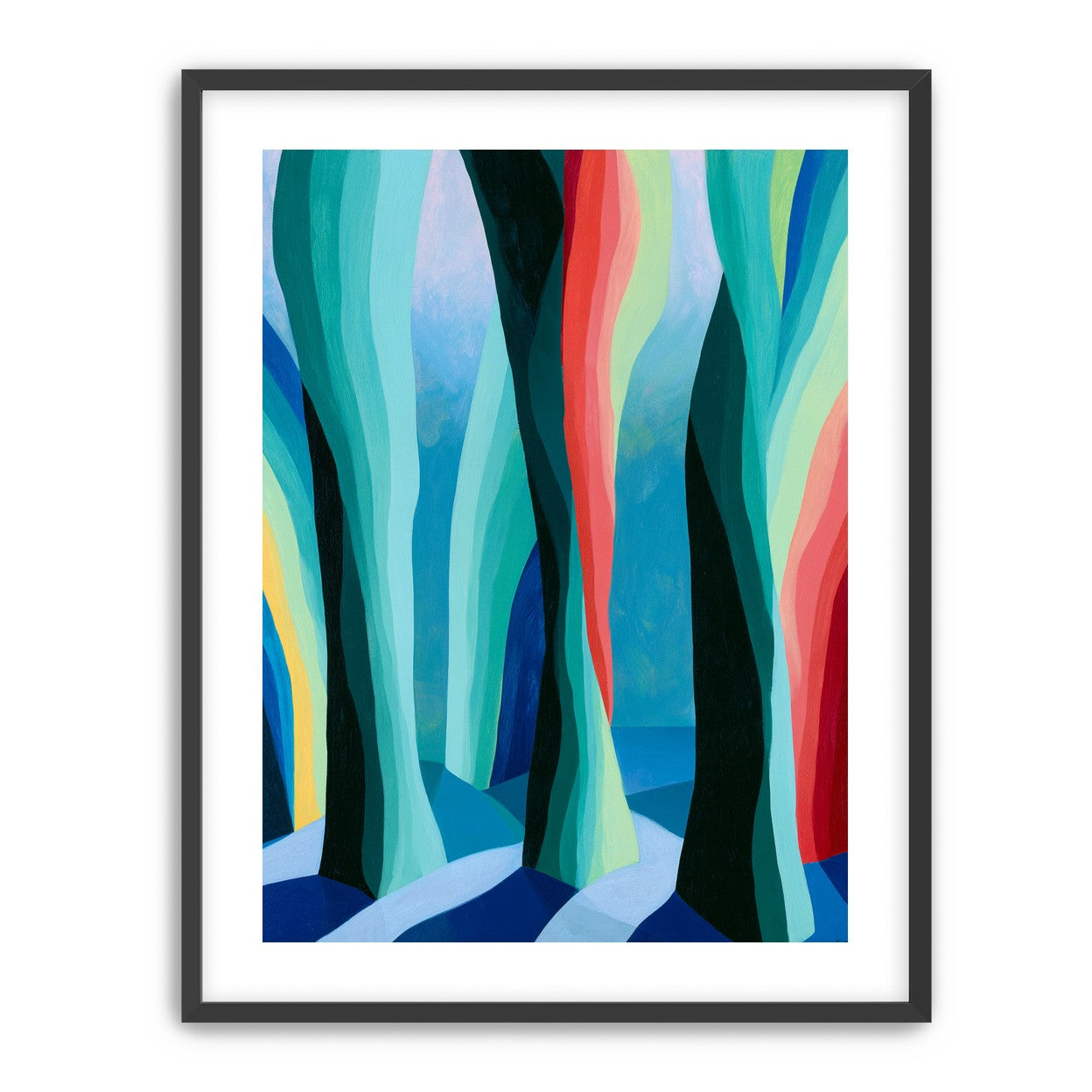 Between red trunks and blue shadows